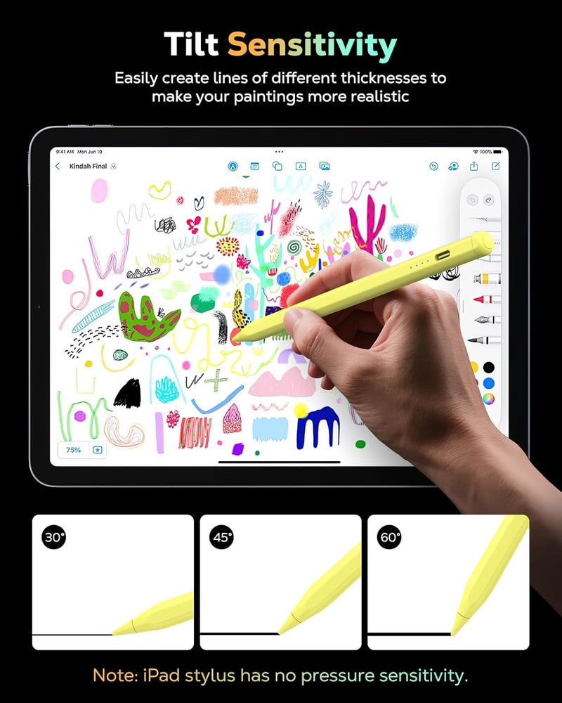 MoKo Pencil for iPad (A16) 11th 10th Gen, Stylus Pen for 2018-2025 Apple iPad 11/10/9/8/7/6/A16, Mini 7/6/5, Air M3/M2 11"/13"/5/4/3, Pro M4 13"/12.9"/11" Tilt Sensitivity, USB-C Fast Charging, Yellow - Image 3